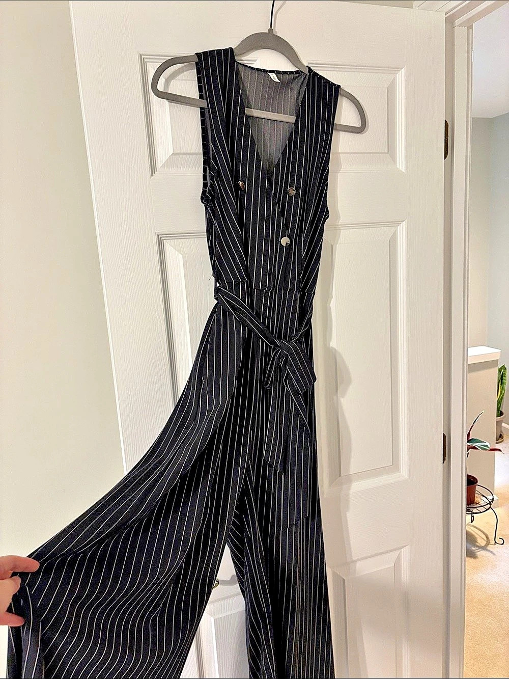 Halara V Neck Sleeveless Belted Stripe InstantCool Work Jumpsuit with